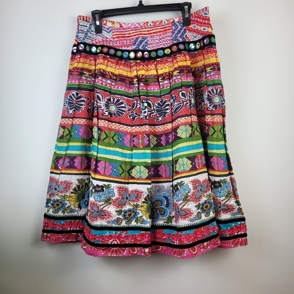 WD NY Multi-color Pleated 100% Linen Floral Skirt Women’s Sz 10 boho